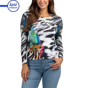 EDINBURGH KNITS Optic White Pima Cotton Wild Animal Printed Crew Neck Sweater
